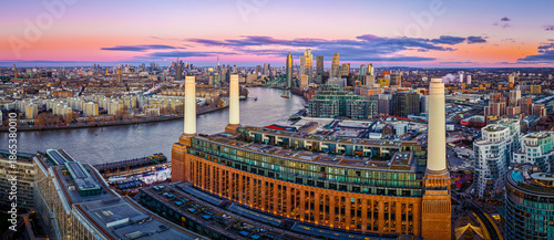 Photography Aerial twilight panorama of Battersea Power Station redevelopment, London UK