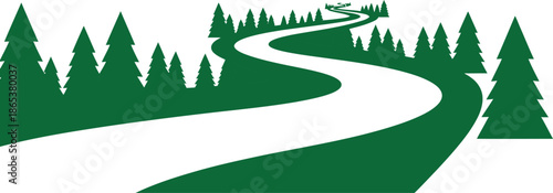 Abstract Winding Road Through Evergreen Trees Symbolizing Journey and Nature's Path