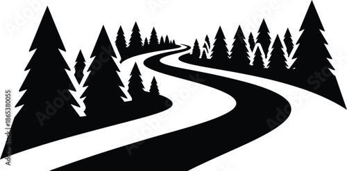 Winding Road Path Through a Dense Forest of Pine Trees Silhouette Graphic Illustration