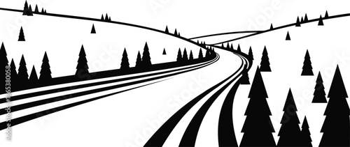 Black and White Stylized Landscape with Train Tracks Winding Through Pine Trees
