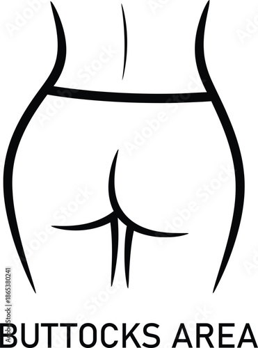 Minimalist black outline drawing depicting the human buttocks area from a rear view perspective