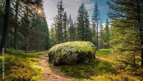 trail scene with large lichen covered boulder and surrounding coniferous forest