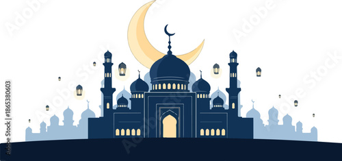 Ramadan Kareem Mosque Silhouette with Crescent Moon Illustration