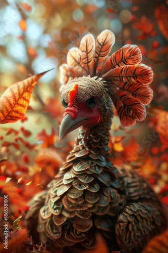 A turkey wearing a pilgrim hat surrounded by pumpkins and autumn leaves, perfect for Thanksgiving and fall themes.