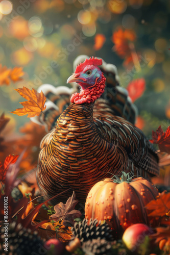 A turkey wearing a pilgrim hat surrounded by pumpkins and autumn leaves, perfect for Thanksgiving and fall themes.