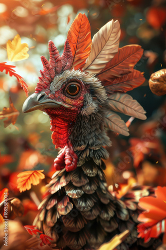A turkey wearing a pilgrim hat surrounded by pumpkins and autumn leaves, perfect for Thanksgiving and fall themes.