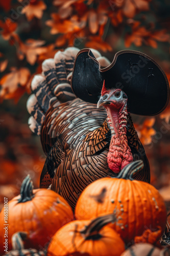 A turkey wearing a pilgrim hat surrounded by pumpkins and autumn leaves, perfect for Thanksgiving and fall themes.