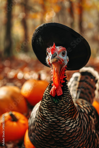 A turkey wearing a pilgrim hat surrounded by pumpkins and autumn leaves, perfect for Thanksgiving and fall themes.