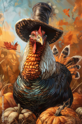 A turkey wearing a pilgrim hat surrounded by pumpkins and autumn leaves, perfect for Thanksgiving and fall themes.