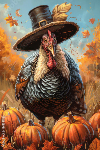 A turkey wearing a pilgrim hat surrounded by pumpkins and autumn leaves, perfect for Thanksgiving and fall themes.