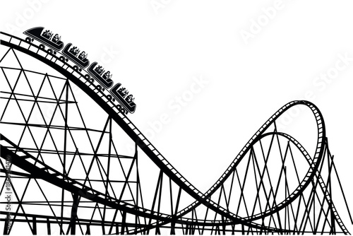 A black and white illustration of a roller coaster in motion, with a white background