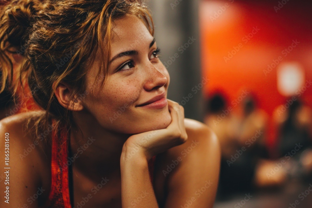 Fototapeta premium Woman smiles while resting her chin on her hand in a fitness center during a workout session
