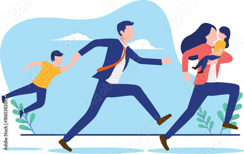 Parenthood stress - Parents with kids running in a hurry and with stressful little time. Flat design vector illustration with white background.