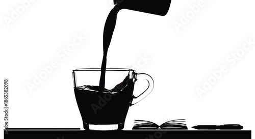 A dark liquid pouring from a spout into a clear glass cup