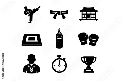 Martial arts icons: karate, boxing, and training equipment in black silhouette style