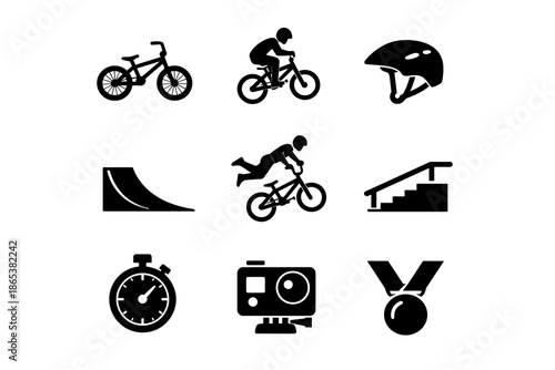 Cycling and bmx icons: silhouette collection of bicycles, riders, and gear