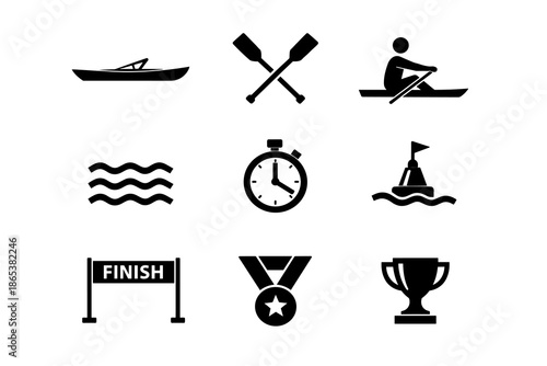 Silhouette rowing icons: canoe, oars, stopwatch, trophy, medal, finish line, waves