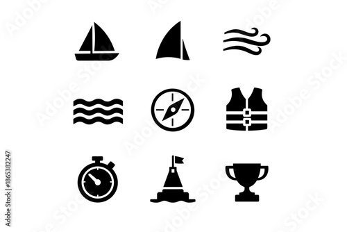 Nautical symbols collection: sailing, compass, life vest, stopwatch, trophy