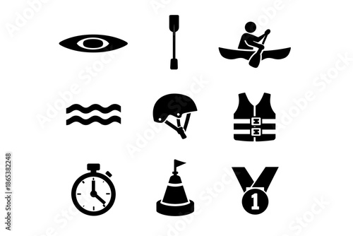 Kayaking and safety icons set featuring flat paddling symbols and protective gear