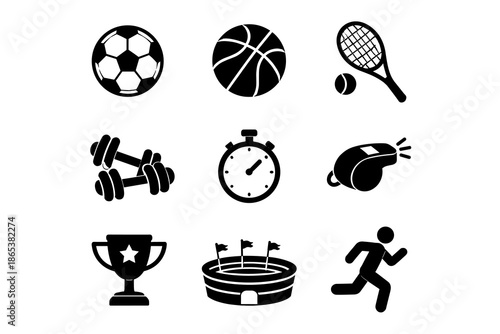 Silhouette sports icons set with soccer, basketball, and tennis