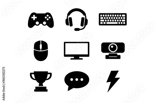 Minimalist gaming and technology icons set: controllers, headset, keyboard, and more