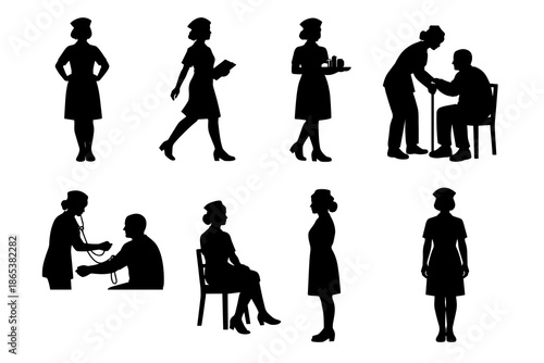 Nurse silhouettes: caring actions and medical assistance in healthcare settings