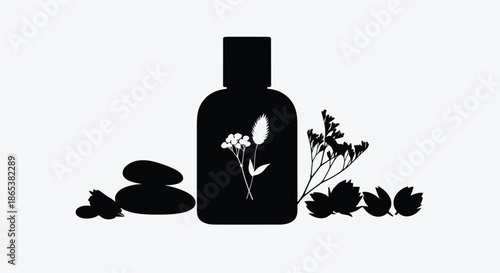 Elegant black silhouette of a perfume bottle with floral and botanical elements
