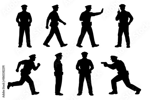 Silhouette of police officers in various poses and actions