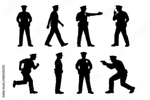 Silhouette police officers in various poses and actions