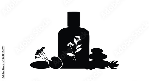 Elegant black silhouette of a bottle with flowers and zen stones