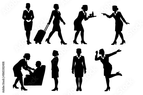 Elegant silhouettes of women in professional attire performing various tasks