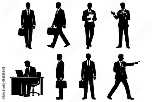 Business professional silhouettes: diverse poses of office workers in suits