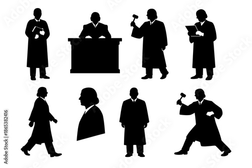 Silhouette judges and lawyers in courtroom pose collection