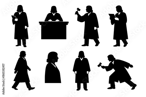 Silhouette set of judges in various courtroom poses