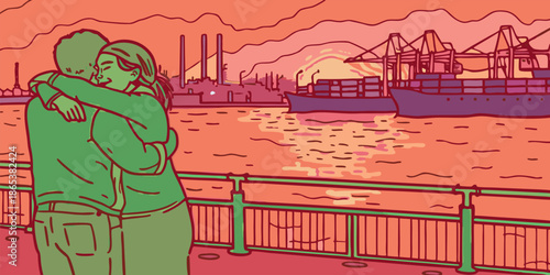 Love blossoming at sunrise over busy commercial harbor