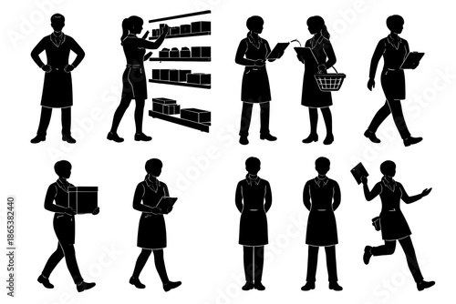 Silhouette collection of grocery store workers performing various tasks