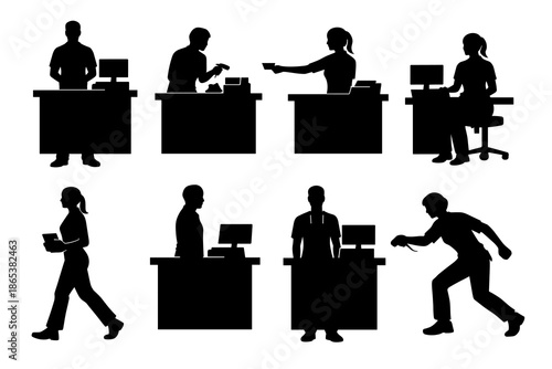 Silhouette figures in various retail and office tasks