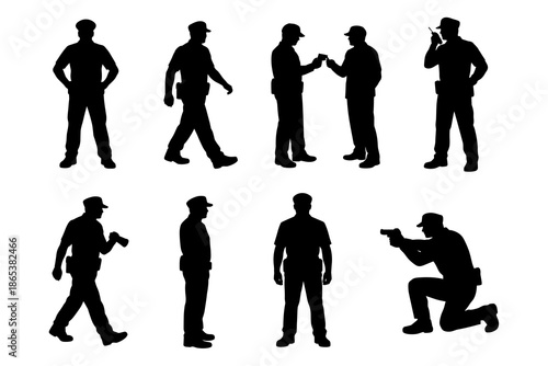 Police officer silhouettes in various poses for law enforcement design projects