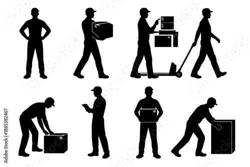 Silhouette of delivery workers engaging in various tasks with parcels and trolley