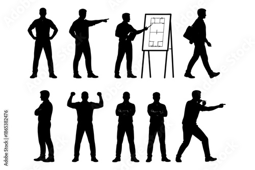 Silhouette businessmen posing with presentation board and gestures