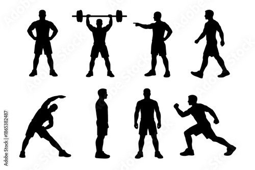 Dynamic silhouettes of athletic men engaged in various fitness activities