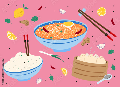 Chinese New Year food dimsum dinner dish illustration in a flat style, featuring noodles and rice bowls on a pink background
