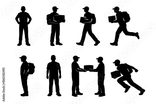 Courier in motion: silhouette set of delivery persons in various actions