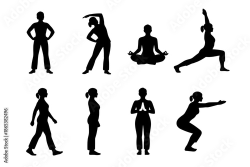 Silhouette women practicing yoga and exercise poses in various positions