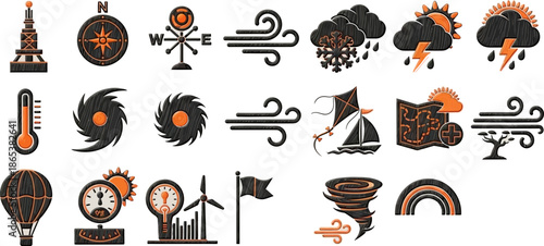 Collection of minimalist wind and weather icons in black line art
