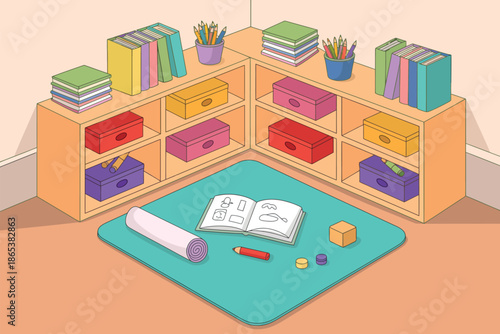 A colorful and organized children's playroom with books, toys, and learning materials on a vibrant teal mat