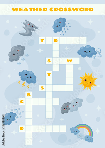 Crossword for children with weather theme  on blue background. Sunny, tornado, rainy, snowy, thunder, rainbow, windy, cloudy, blizzard. Educational materials for kids.  Cartoon flat style. Vector 