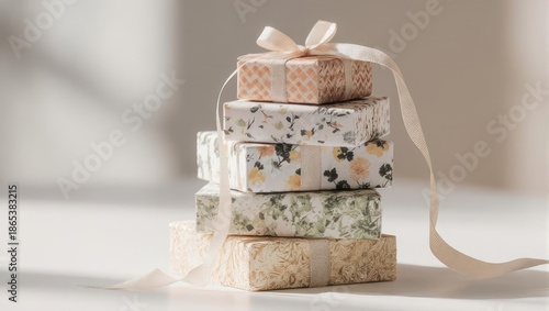 Stack of beautifully wrapped gift boxes tied with ribbon.