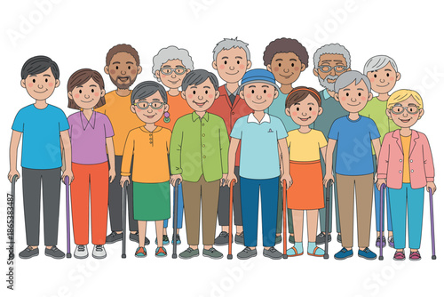 A diverse group of elderly people standing together with walking canes
