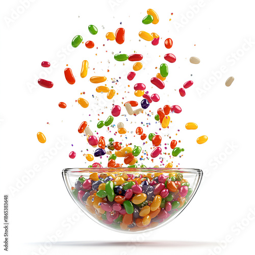 Colorful Candy Sprinkles Exploding from Glass Bowl Isolated on White Background